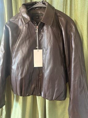 Zara Brown Leather Zip-Front Bomber Jacket